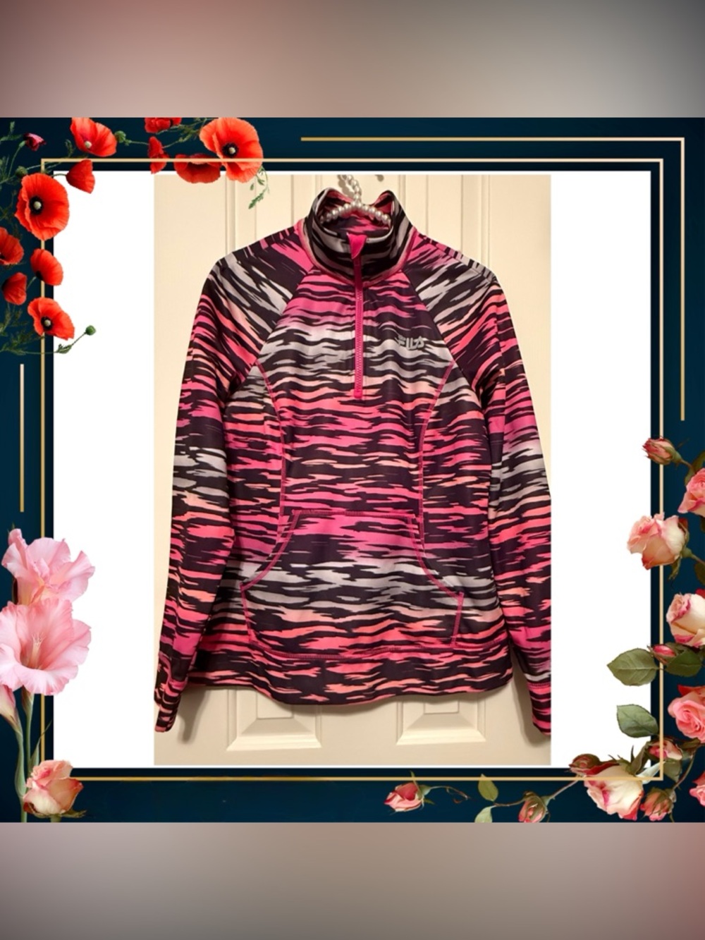 Sweatshirt athletic top 1/4 zip pullover. Fila neon Animal Print. Medium. GUC